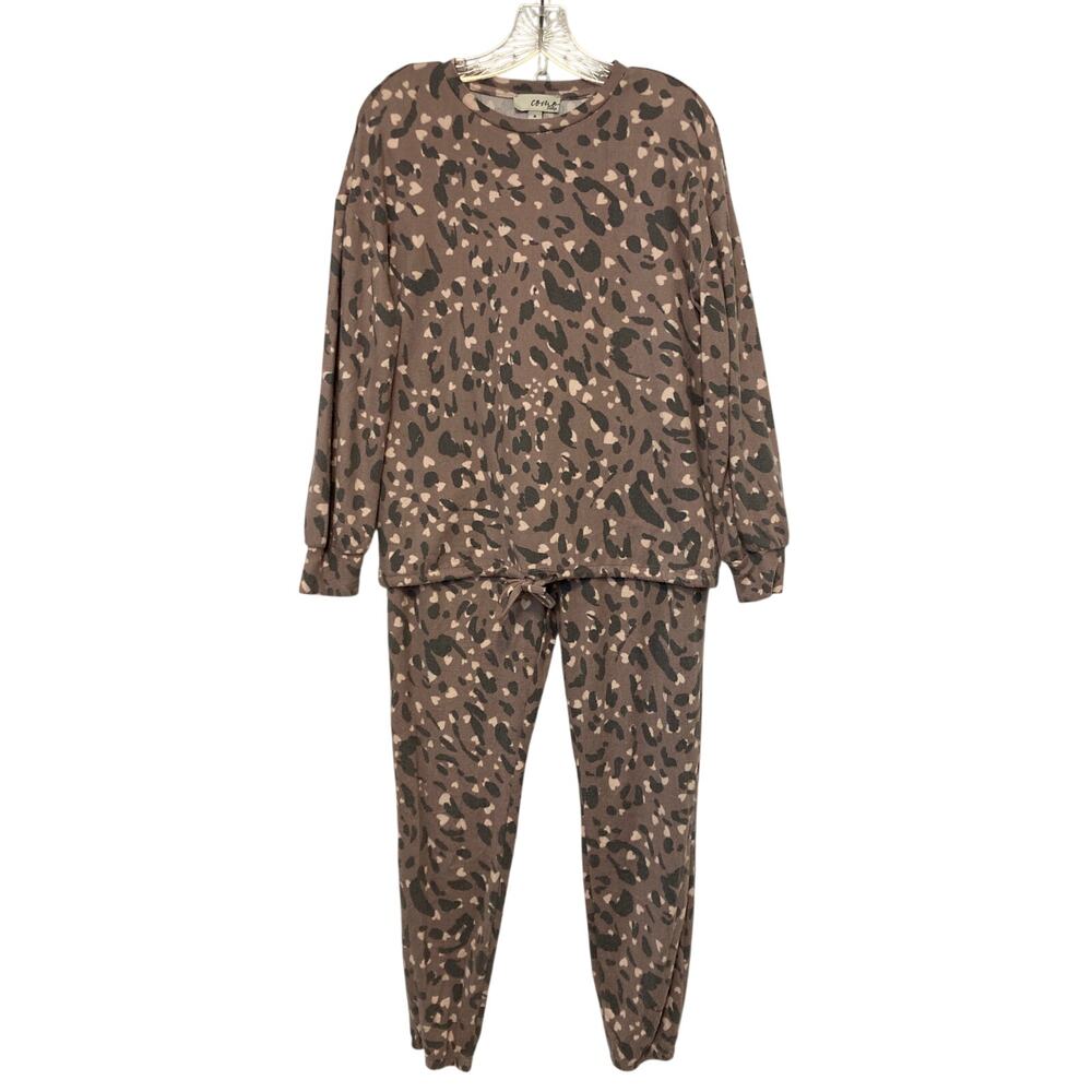 Como Sleep Brown Leopard Print Sweater Pants Two Piece Pajama Set Loungewear